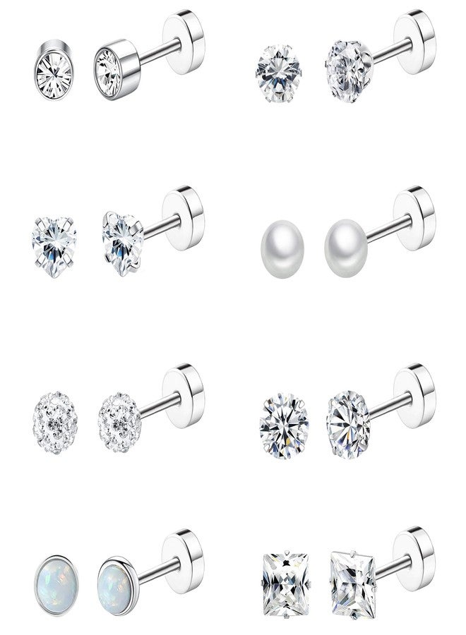 Staligue 8-Pair Hypoallergenic Stainless Steel Earrings Set - Flat Back Studs for Cartilage Piercing & Sensitive Skin, Women’s Jewelry Collection (Silvery) - Image 1
